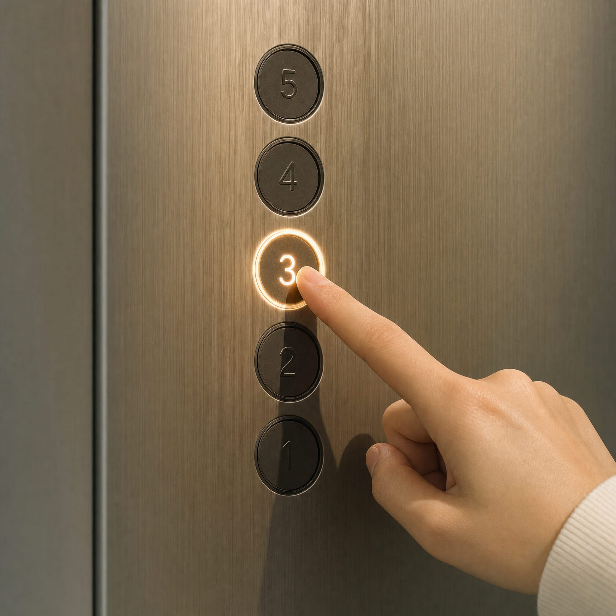 A finger pressing the lit third-floor button on a brushed metal elevator panel.