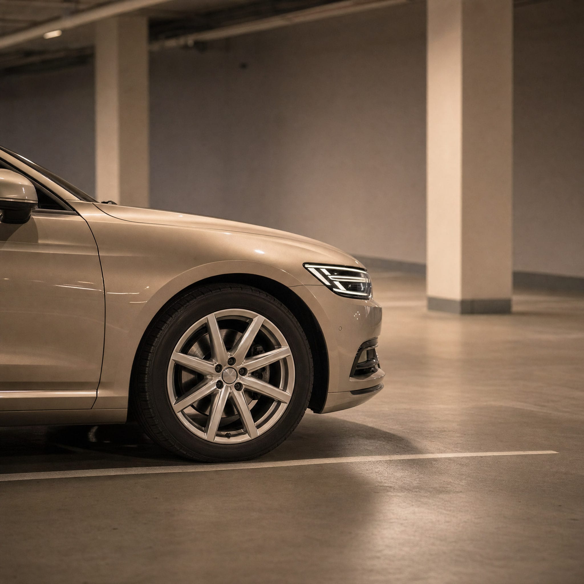 A car parked in a marked bay of a clean, well-lit underground garage.
