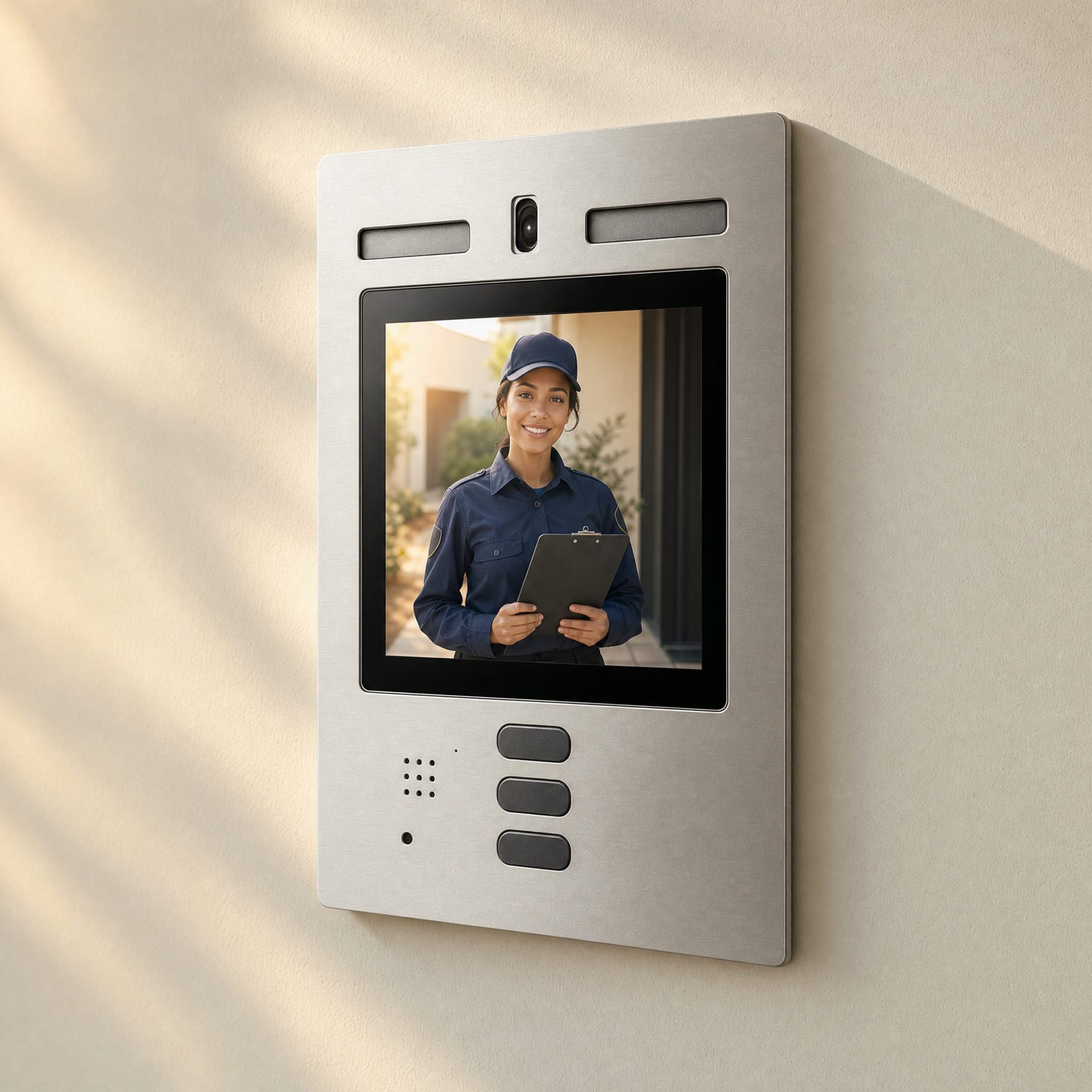 A wall-mounted video intercom showing a courier waiting at the entrance.
