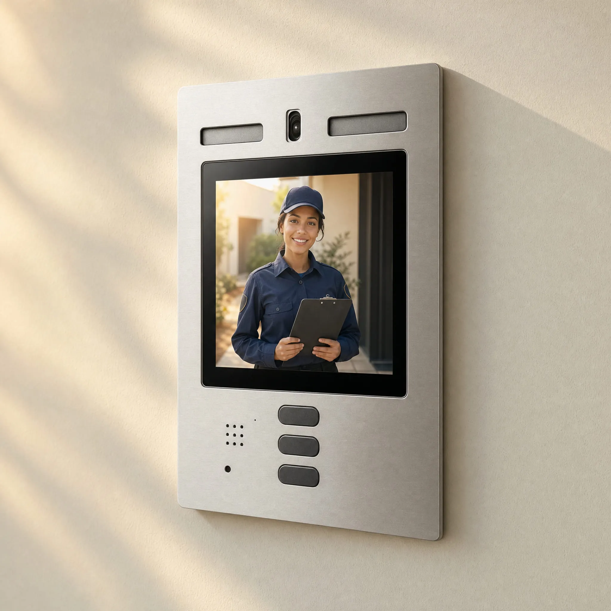 A wall-mounted video intercom showing a courier waiting at the entrance.
