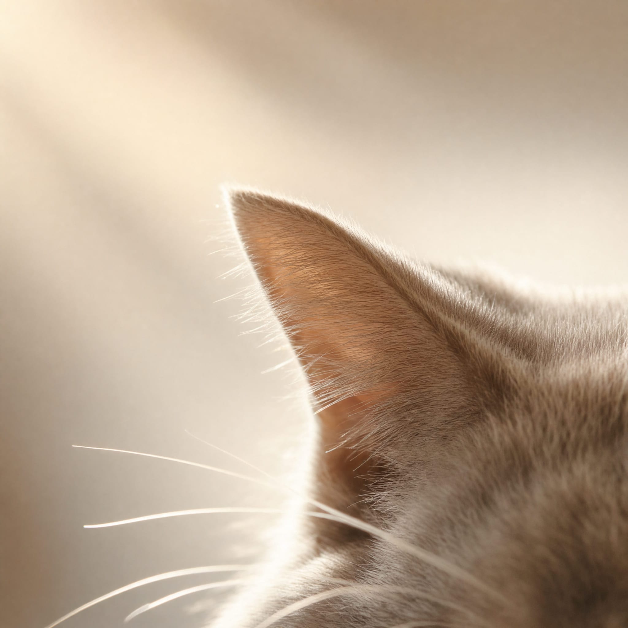 A tabby cat resting in warm afternoon light against a pale wall.
