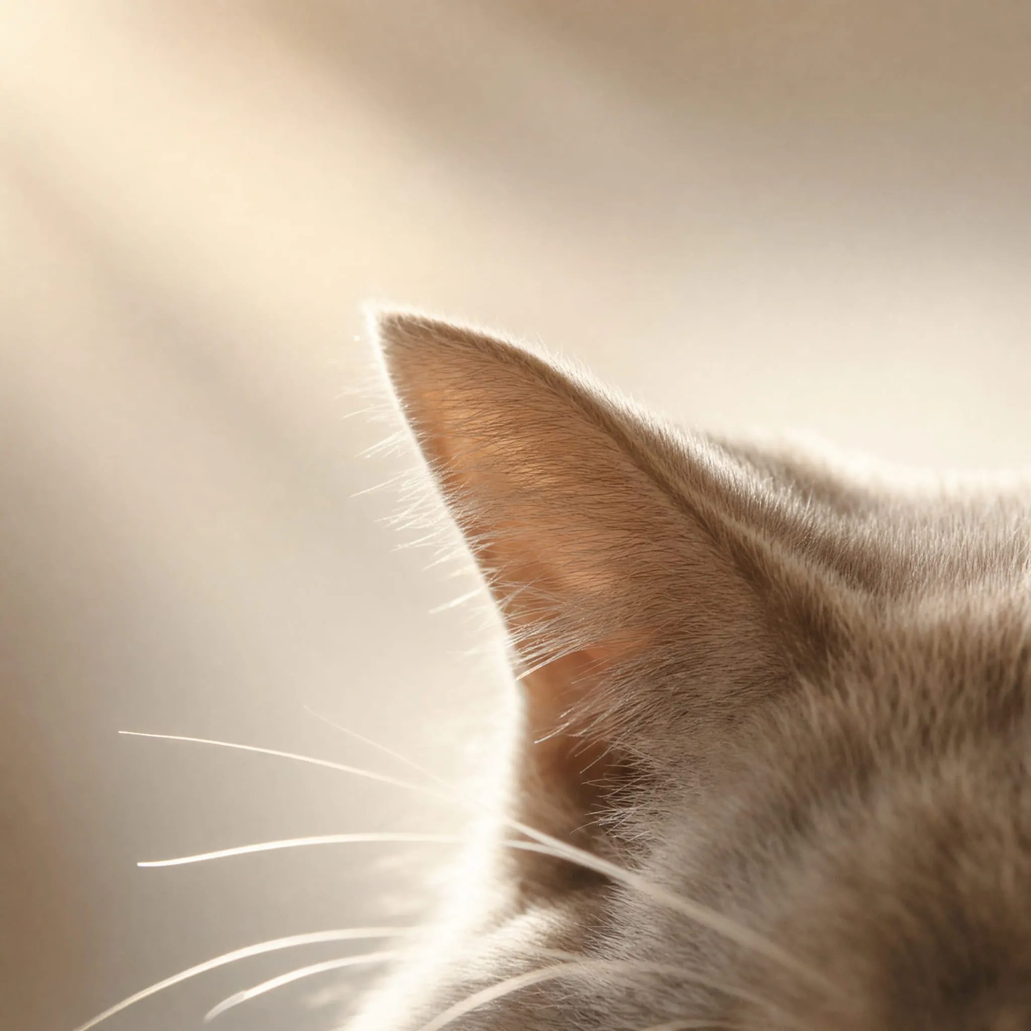A tabby cat resting in warm afternoon light against a pale wall.
