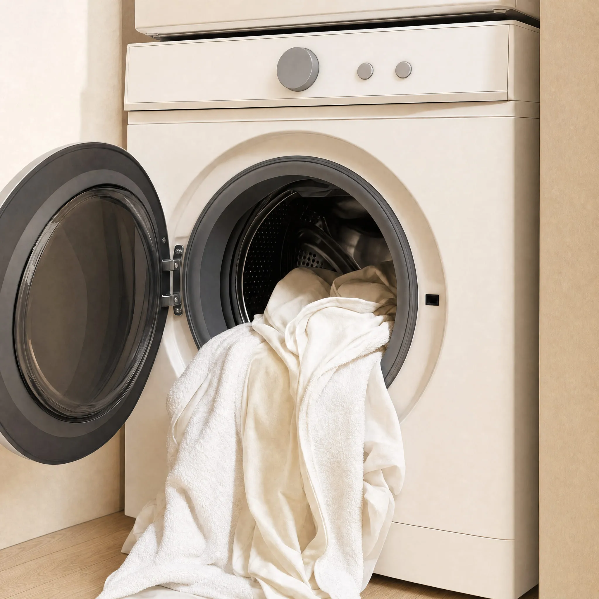 An open front-loading washer stacked under a dryer, linens at the door.